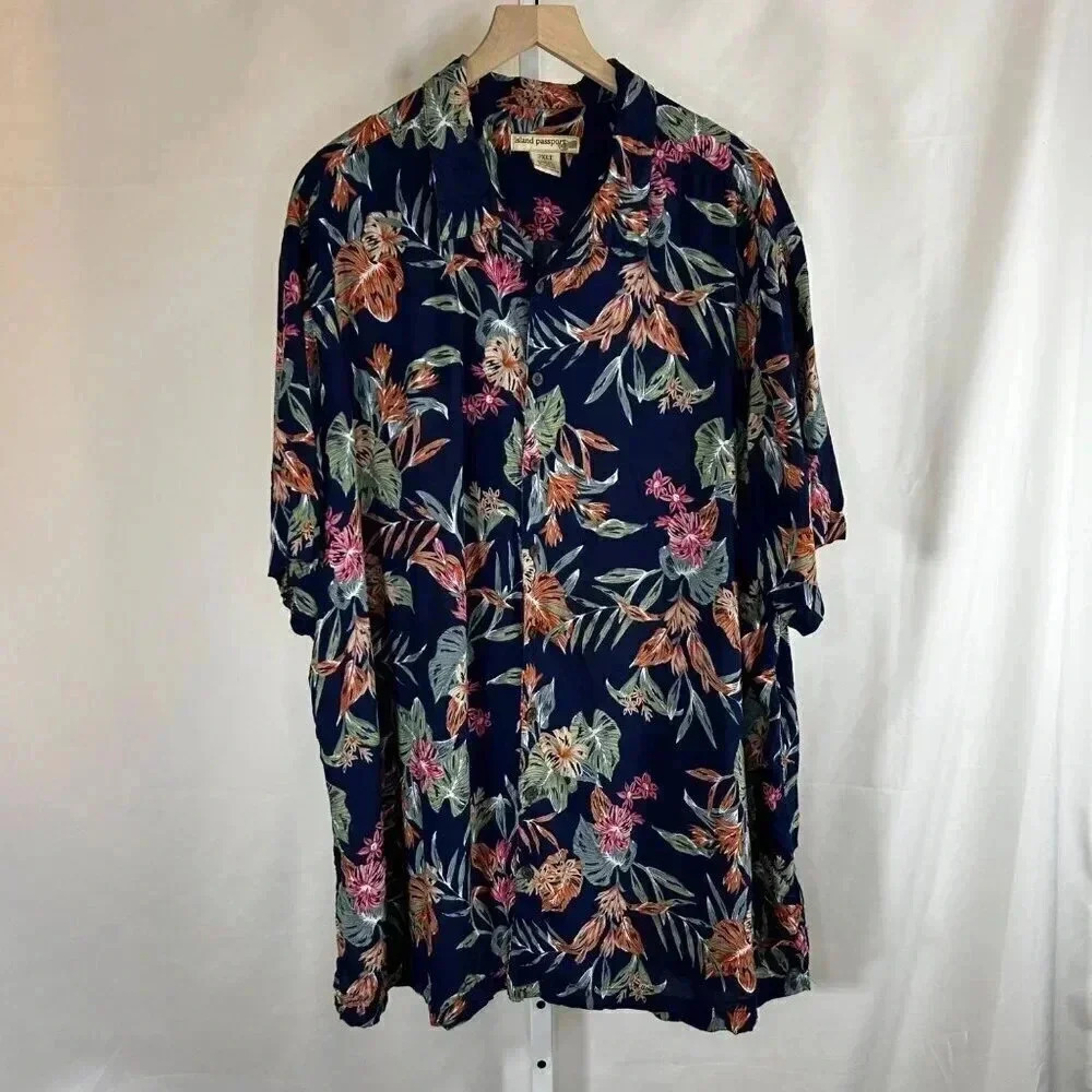Island Passport Size 2XLT Hawaiian Shirt Men Rayon Tropical Button Down Casual